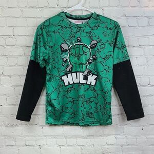 HULK Boys Large 10/12 Green Layered Look Marvel Avengers Long Sleeve T-shirt EUC